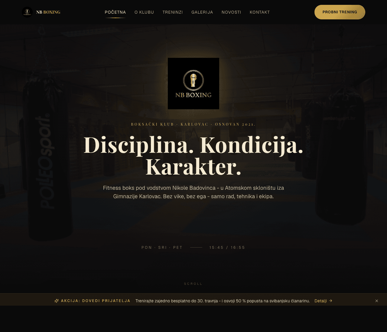 Početna stranica NB Boxinga s logom, naslovom, tjednim rasporedom i pozivom na probni trening